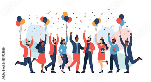 A diverse group of joyful people celebrating a special event, holding balloons and surrounded by confetti, embodying happiness and festive cheer.
