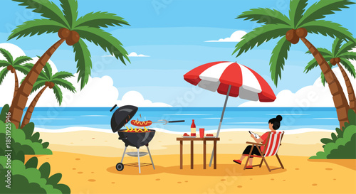 A woman relaxing on a tropical beach under a striped umbrella, enjoying a barbecue with hot dogs, surrounded by lush palm trees and a clear blue ocean.