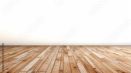 A spacious wooden floor with light-colored planks against a plain white wall, creating a minimalist and clean aesthetic.