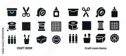 Craft room essentials icons: tools, materials, supplies, organiz