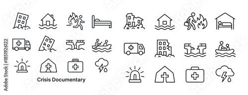 Crisis icons: flood, fire, ambulance, shelter, thunderstorm line