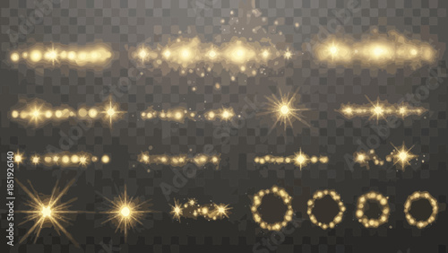 Elegant collection of golden lens flares and light effects on transparent background