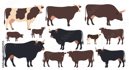 A diverse collection of cows and calves, rendered in various poses and breeds, showcasing different patterns and sizes of farm animals.