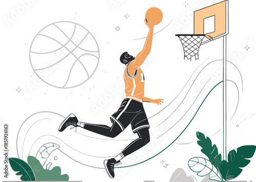 Active basketball player silhouette illustration featuring a person in action with a ball for sports and fitness activity