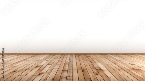 A smooth wooden floor with a blank white wall, creating a minimalist and clean aesthetic.