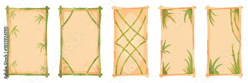 Bamboo UI panels with parchment paper, tropical style, clean vector art