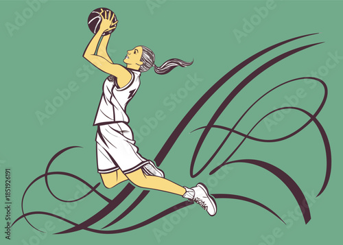 Vector illustration of a young woman person dancing in a studio with a microphone while engaging in an active sports drawing style
