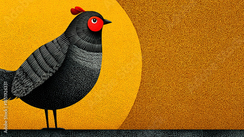 stylized bird with red face and textured black and white feathers.