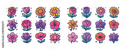 Colorful cartoon flowers collection with various blossoms and le