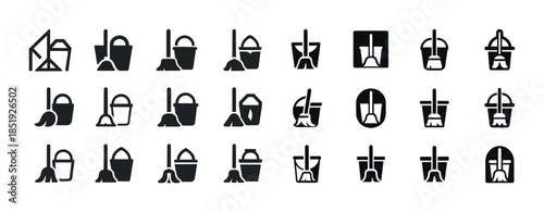 Collection of cleaning tools icons in black and white