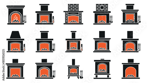 Various fireplaces with fire burning inside for home heating