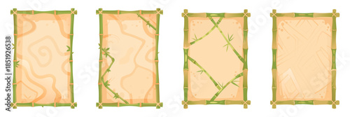  bamboo frames, green bamboo sticks, paper texture, flat cartoon style