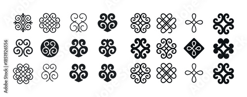 Collection of geometric decorative symbols and patterns in black
