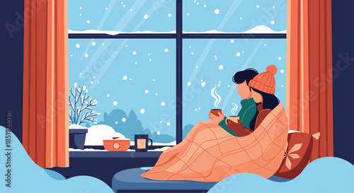 A cozy couple wrapped in a blanket, enjoying hot beverages by a window overlooking a picturesque snowy landscape, creating a warm and peaceful winter scene.