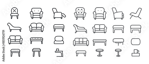 Minimalist furniture icons set: chairs, sofas, ottomans, stools,