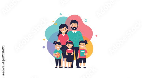 A joyful and diverse family of five, including happy parents and their three cheerful children, standing together and symbolizing strong family bonds.