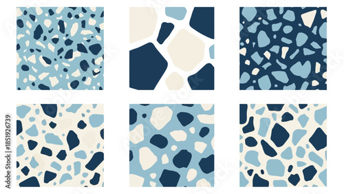 Elegant terrazzo vector seamless pattern collection featuring shades of blue and cream