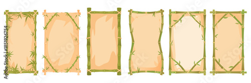 Hand-drawn bamboo panels with parchment centers, minimal vector art