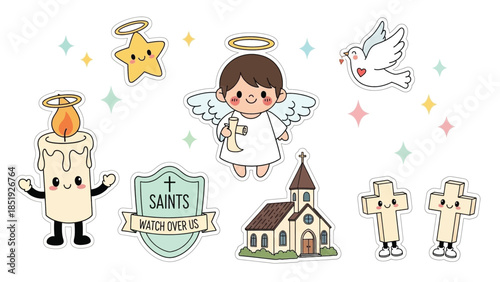 Whimsical religious icons with cute characters for faith and inspiration