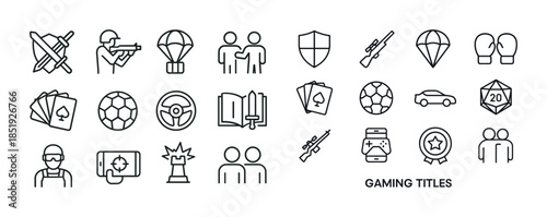 Gaming icons set featuring sports, strategy, and action themes