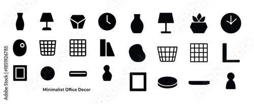 Minimalist office decor icons set: vases, lamps, clocks, shapes,