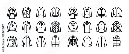 Collection of various coat and jacket icons in line art style