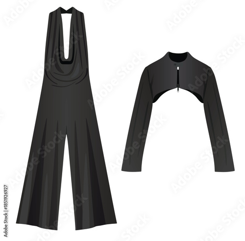 Black sleeveless jumpsuit and bolero. vector illustration
