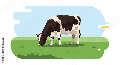 A contented black and white cow gracefully grazing in a lush green pasture under a clear blue sky, symbolizing natural farm life and healthy agriculture.