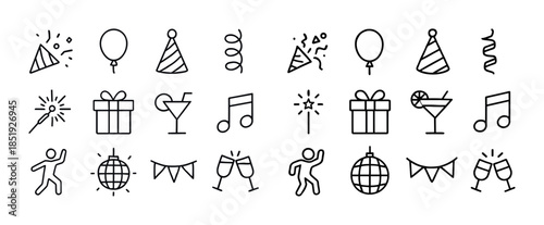 Celebration icons: party hats, balloons, music notes, gifts, and