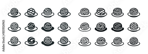 Variety of black and white noodle icons in different bowls