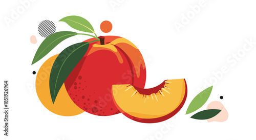Fresh and juicy peaches, depicted as whole fruits and a perfectly sliced section revealing the vibrant flesh, surrounded by abstract, organic design elements.