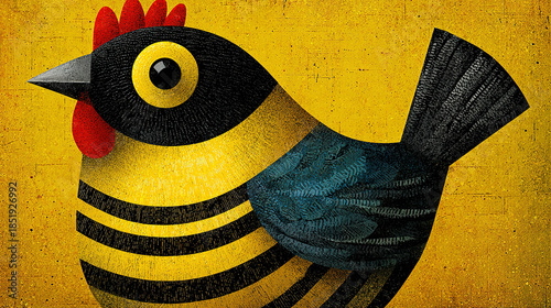 Colorful, stylized bird illustration with bold, geometric shapes and bright background.