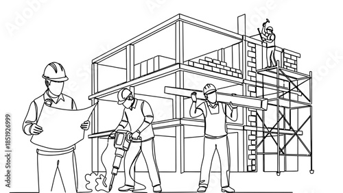 Construction workers building a house with scaffolding and tools