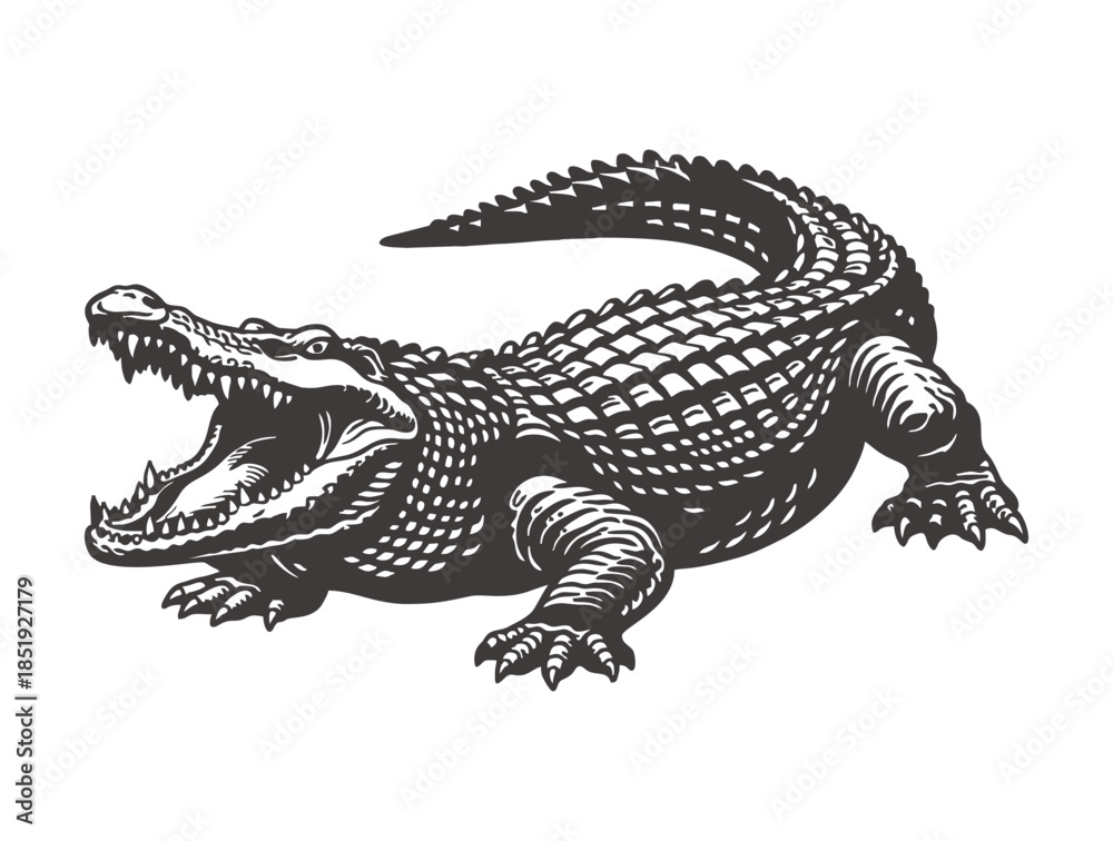 Fototapeta premium Menacing crocodile with open jaws in a textured woodcut illustration.