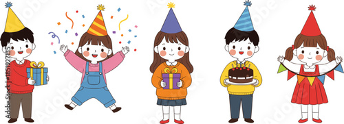 Set of cute children celebrating a birthday featuring kawaii characters with party hats gifts birthday cake and confetti for holiday event design