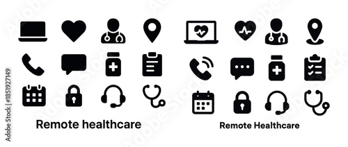 Remote healthcare icons collection: communication, medical, tech