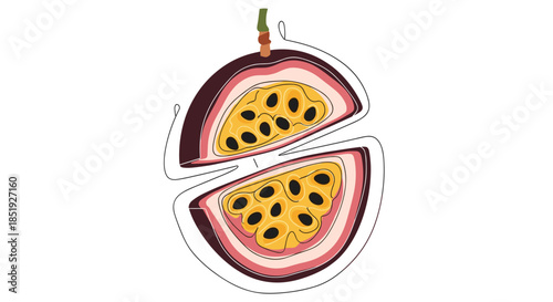 A minimalist line art illustration of a halved passion fruit, showcasing its intricate interior with pulp and seeds in a modern and artistic continuous line style.