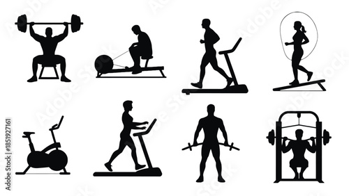 People exercising with various gym equipment in silhouettes