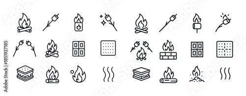 Campfire icons: marshmallows, flames, s'mores, and logs illustra