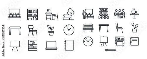 Minimalist office icons set: books, coffee, for workspaces and m