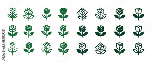Set of 25 unique green rose icon designs in various artistic sty