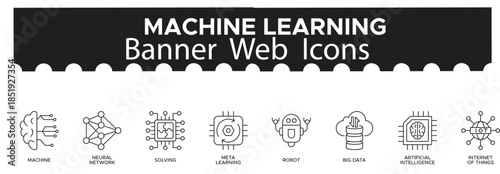 Machine Learning Web Banner Icons. Line Icons for AI Algorithms ,Neural Networks, Analytics ,Data Training Models and Automated Decision Making. Editable Stroke Vector Format for web and Print. 