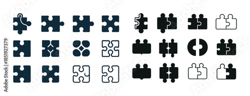 Set of diverse puzzle piece icons in black and white variations