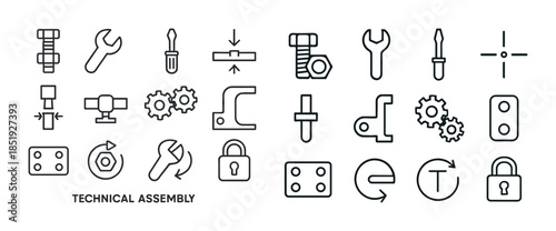 Technical assembly tools and components icons collection