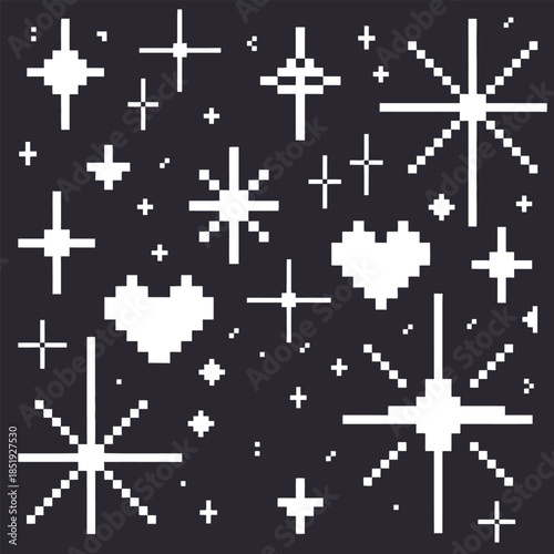 A nostalgic digital art background featuring pixelated stars, sparkles, and hearts in a retro 8-bit style