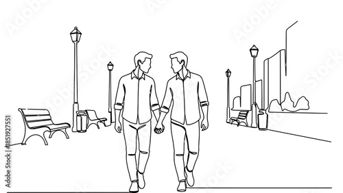 Loving gay couple walking hand in hand through city