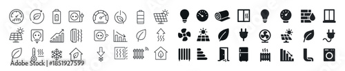 Energy and home efficiency icons collection: solar, battery, hea
