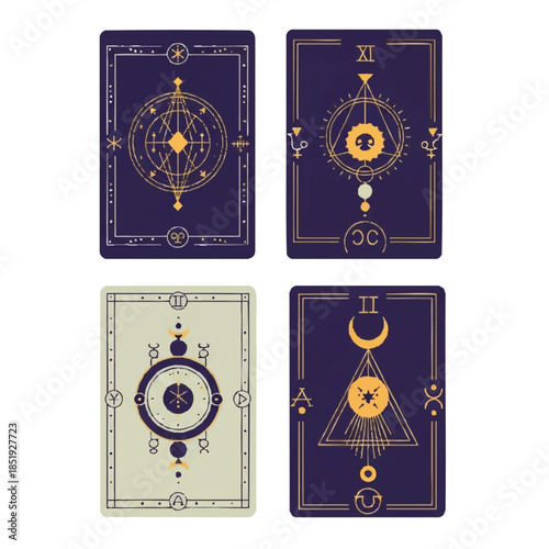 Set of Four Mystical Tarot Cards with Geometric Designs