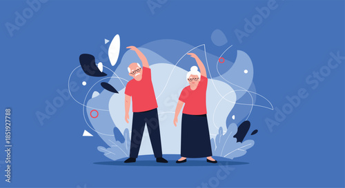 An inspiring illustration of an elderly couple performing gentle exercises together, set against a vibrant blue background, promoting active aging and well-being.