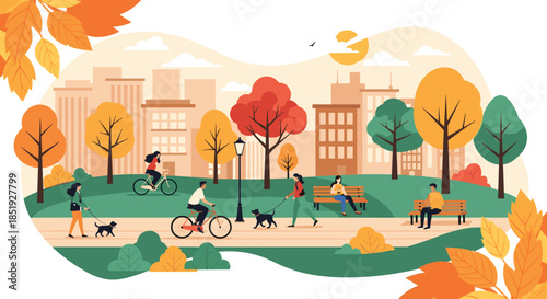 People enjoying various leisurely activities in a picturesque autumn city park, surrounded by vibrant fall foliage and urban buildings, symbolizing urban green spaces.